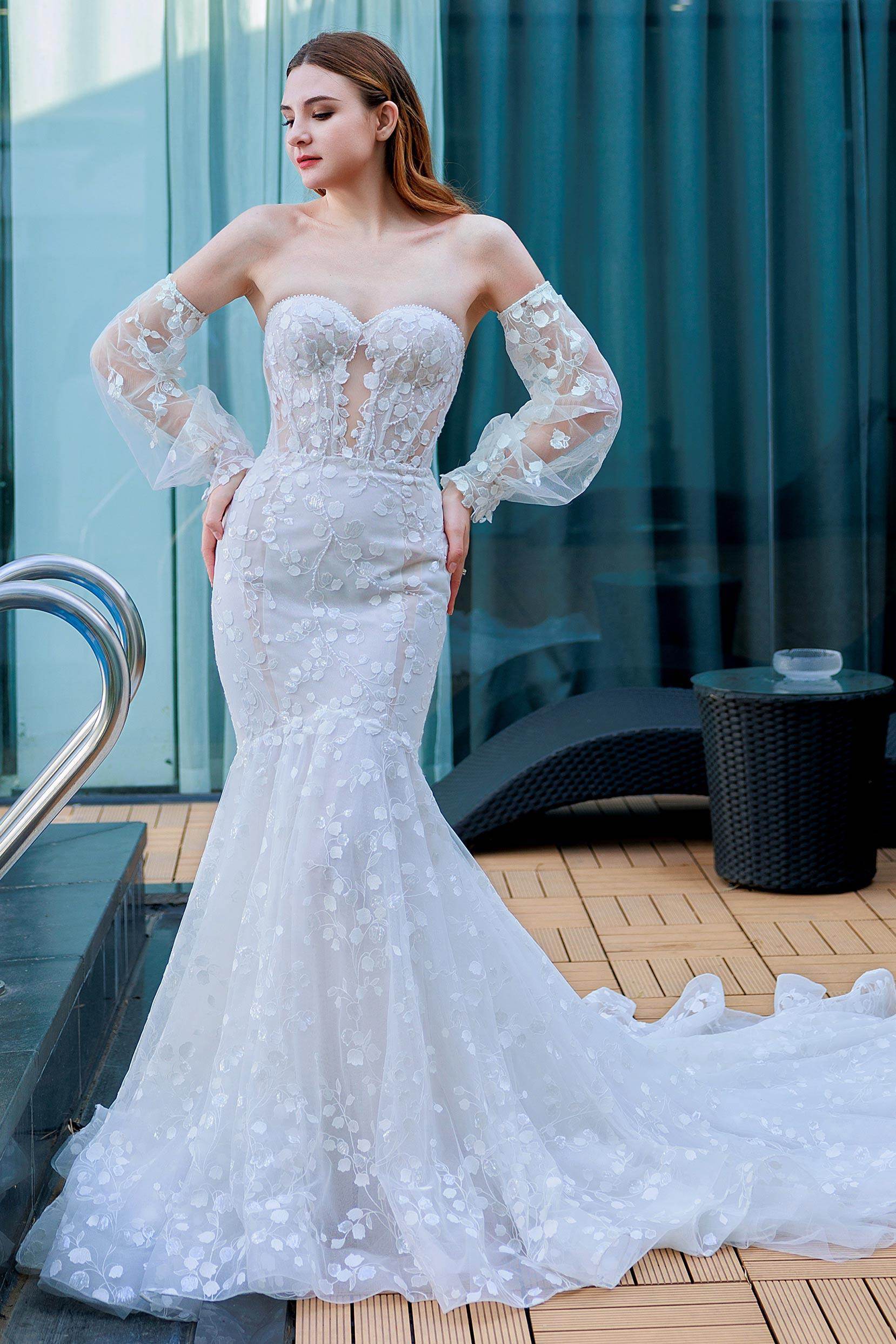 Trumpet-Mermaid Chapel Train Lace Wedding Dress CW3322 - COCOMELODY